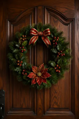 Christmas Wreath on Dark Wooden Door