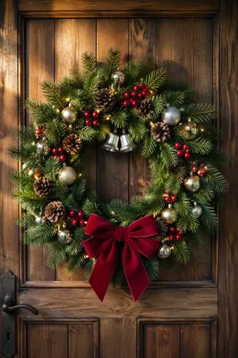 Christmas Wreath on Rustic Wooden Door
