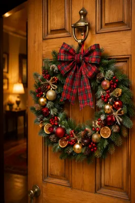 Christmas Wreath on Honey Wooden Door