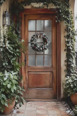 Christmas Wreath on Rustic Wooden Door