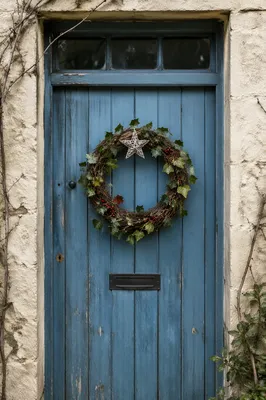 Rustic Christmas Wreath on Blue Wooden Door