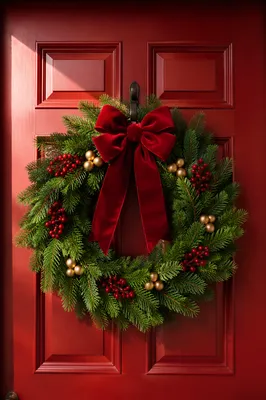 Christmas Wreath on Red Wooden Door