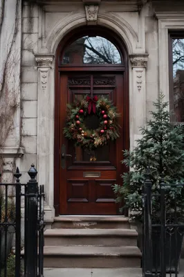 Christmas Wreath on Classic Wooden Door