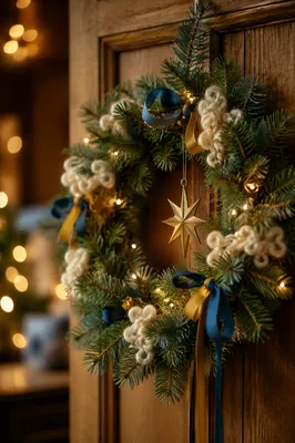 Festive Christmas Wreath on Rustic Wooden Door