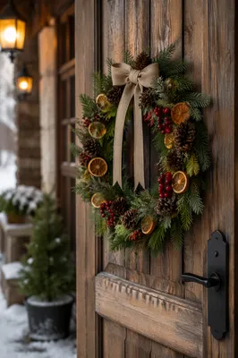 Rustic Christmas Wreath on Wooden Door