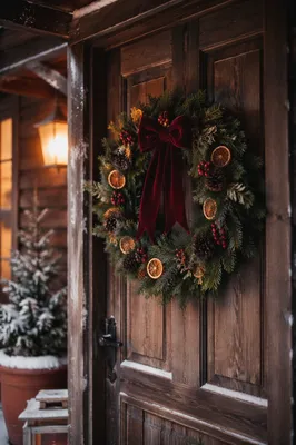 Christmas Wreath on Rustic Wooden Door