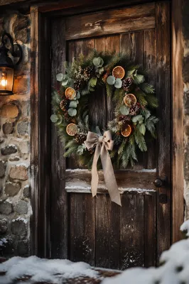 Christmas Wreath on Rustic Wooden Door