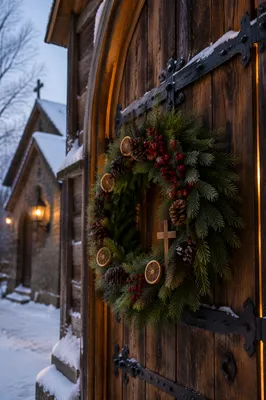 Christmas Wreath on Rustic Chapel Door