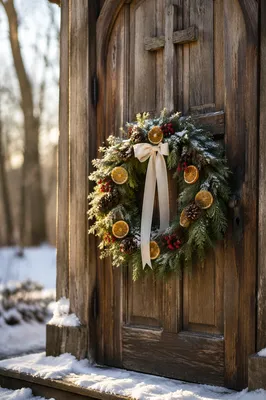 Christmas Wreath on Rustic Chapel Door
