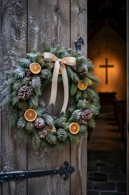 Christmas Wreath on Weathered Chapel Door