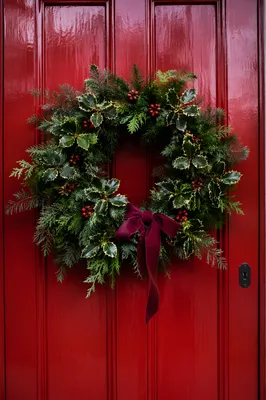 Christmas Wreath on Red Wooden Door