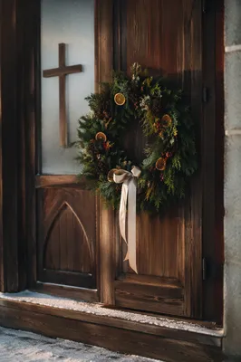 Christmas Wreath on Weathered Chapel Door