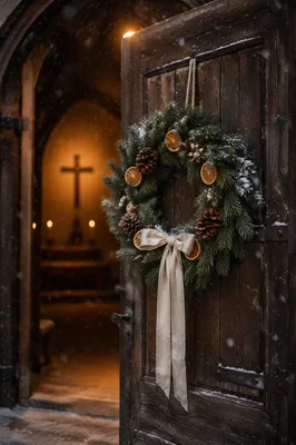 Christmas Wreath on Weathered Chapel Door