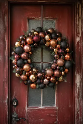 Metallic Christmas Wreath on Rustic Red Door