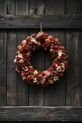 Rustic Christmas Wreath on Weathered Wooden Door