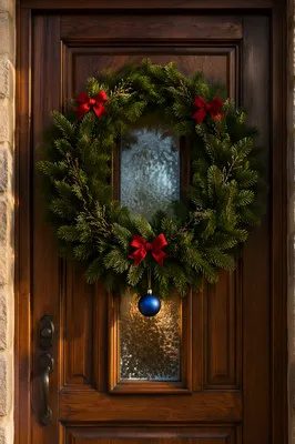 Christmas Wreath on Rustic Wooden Door