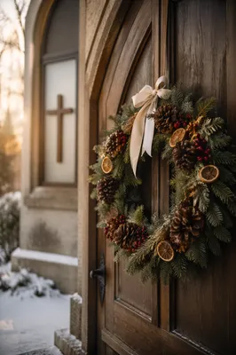 Christmas Wreath on Rustic Chapel Door
