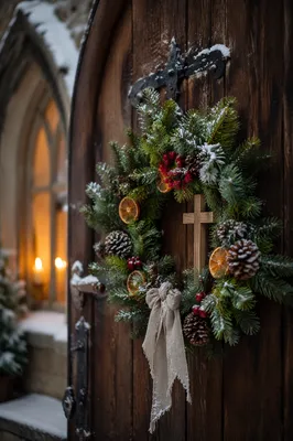 Christmas Wreath on Rustic Chapel Door