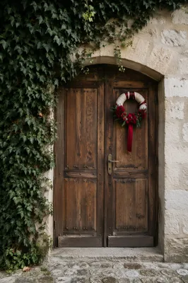 Rustic Wooden Door with Christmas Wreath