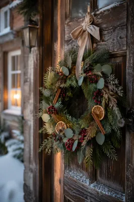 Christmas Wreath on Rustic Wooden Door