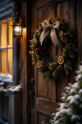 Rustic Christmas Wreath on Wooden Cottage Door