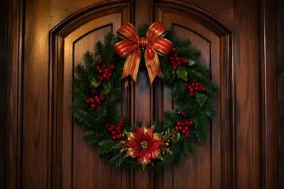 Festive Christmas Wreath on Wooden Door