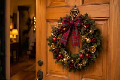 Christmas Wreath on Warm Wooden Door