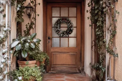 Snow-Dusted Christmas Wreath on Rustic Door