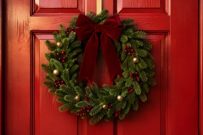 Classic Christmas Wreath on Red Door