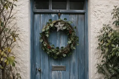Rustic Christmas Wreath on Blue Wooden Door