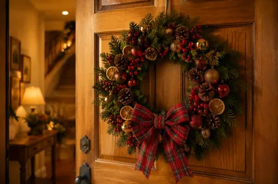 Christmas Wreath on Warm Wooden Door