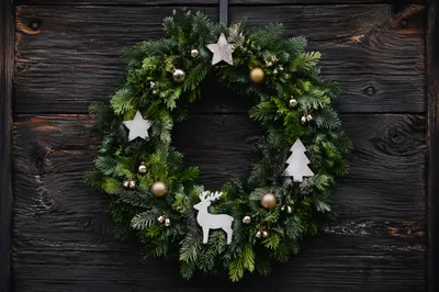 Christmas Wreath on Rustic Wooden Door