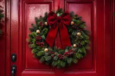 Evergreen Christmas Wreath on Red Wooden Door