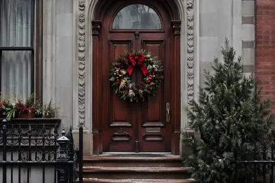 Christmas Wreath on Classic Wooden Door