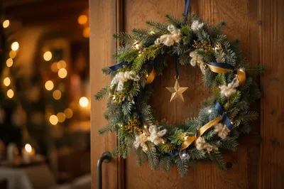 Handmade Christmas Wreath on Rustic Wooden Door
