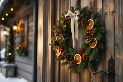 Handcrafted Christmas Wreath on Rustic Wooden Door
