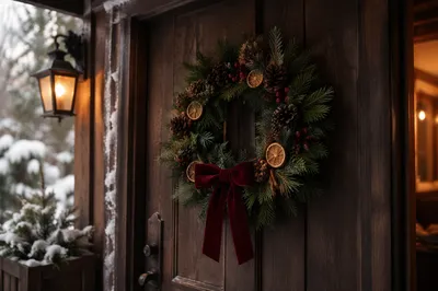 Christmas Wreath on Rustic Wooden Door