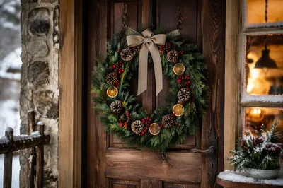 Rustic Christmas Wreath on Cottage Door