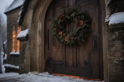 Christmas Wreath on Snowy Chapel Door