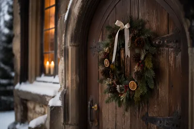Christmas Wreath on Rustic Chapel Door