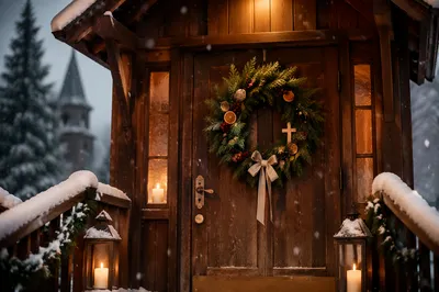 Christmas Wreath on Weathered Chapel Door