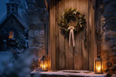Christmas Wreath on Countryside Chapel Door