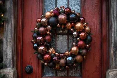 Metallic Christmas Wreath on Rustic Red Door