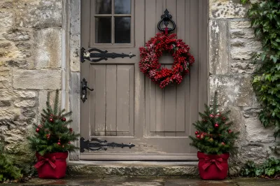 Christmas Berry Wreath on Cottage Door