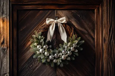 Handmade Christmas Wreath on Rustic Wooden Door