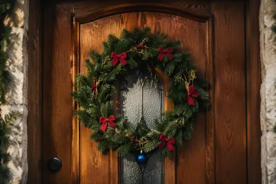 Festive Christmas Wreath on Wooden Door