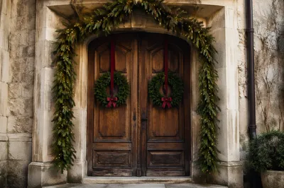 Christmas Wreaths on Rustic Wooden Door