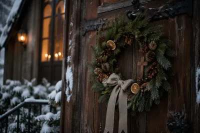 Christmas Wreath on Rustic Chapel Door