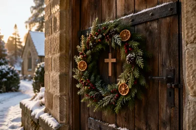 Christmas Wreath on Country Chapel Door