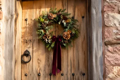 Rustic Christmas Wreath on Wooden Door